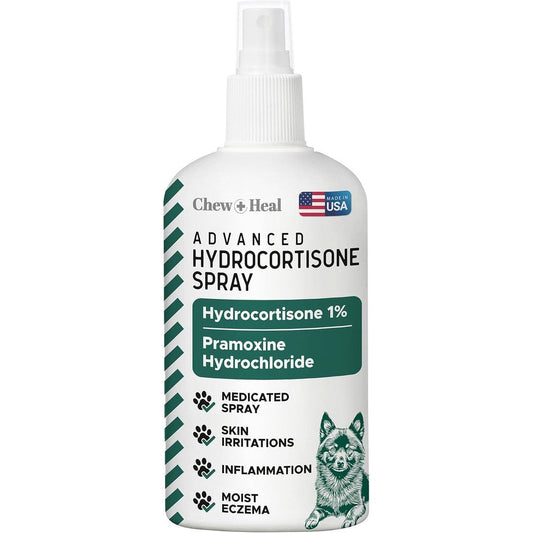 Chew + Heal Labs Advanced Hydrocortisone Spray For Dogs Hot Spot Treatment And Itch Relief With Pramoxine Four Ounce