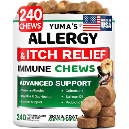 Yuma's Dog Allergy Relief Chews Chicken Flavored Immune Treats For Itching Skin Relief And Paw Licking With Omega Three Salmon Oil 240 Count