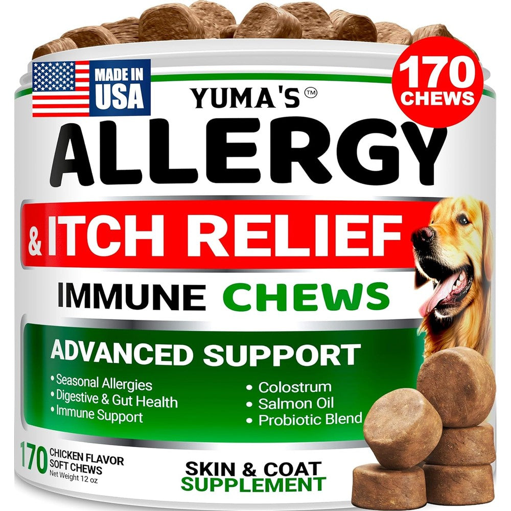 Yumas Dog Allergy Relief Chews For Itching Skin Relief Supplement With Omega 3 Fish Oil Probiotics And Colostrum Chicken Flavor 170 Treats