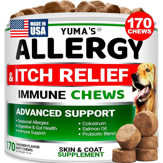 Yumas Dog Allergy Relief Chews For Itching Skin Relief Supplement With Omega 3 Fish Oil Probiotics And Colostrum Chicken Flavor 170 Treats