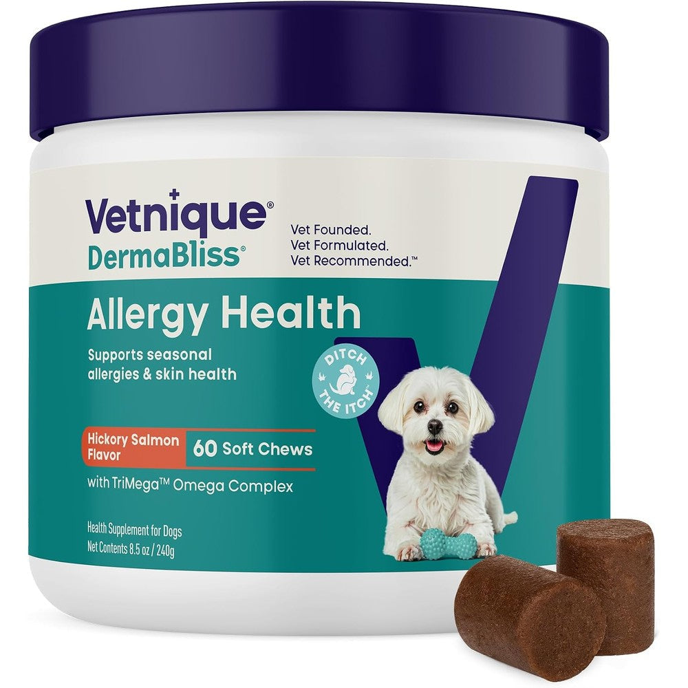 Vetnique DermaBliss Vet-Formulated Dog Allergy Chews For Seasonal Itch Relief Skin Coat And Gut Health Hickory Salmon Flavor 60 Count
