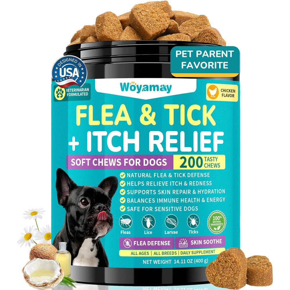 Woyamay Flea And Tick Prevention And Itch Relief Chewables For Dogs Allergy Support And Skin Repair Soft Treats Chicken Flavor 200 Count