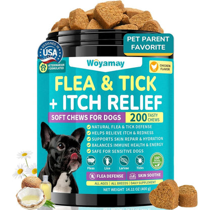 Woyamay Flea And Tick Prevention And Itch Relief Chewables For Dogs Allergy Support And Skin Repair Soft Treats Chicken Flavor 200 Count