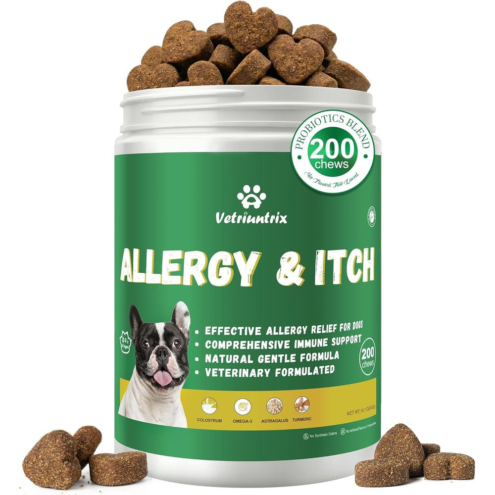 Vetriuntrix Dog Allergy Relief And Immune Supplement With Probiotics Colostrum And Omega Three Fatty Acids Chicken Flavor Two Hundred Soft Chews