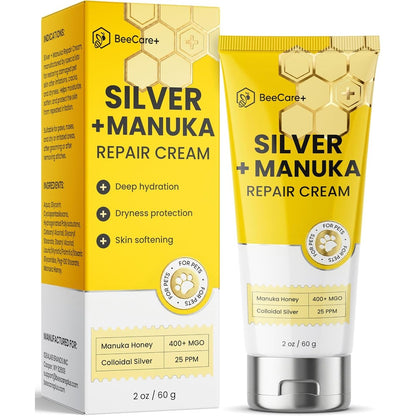 BeeCare+ Silver And Manuka Repair Cream For Dog And Cat Hot Spot Treatment Skin Irritation Scratches Bites And Cuts Ointment Two Ounce
