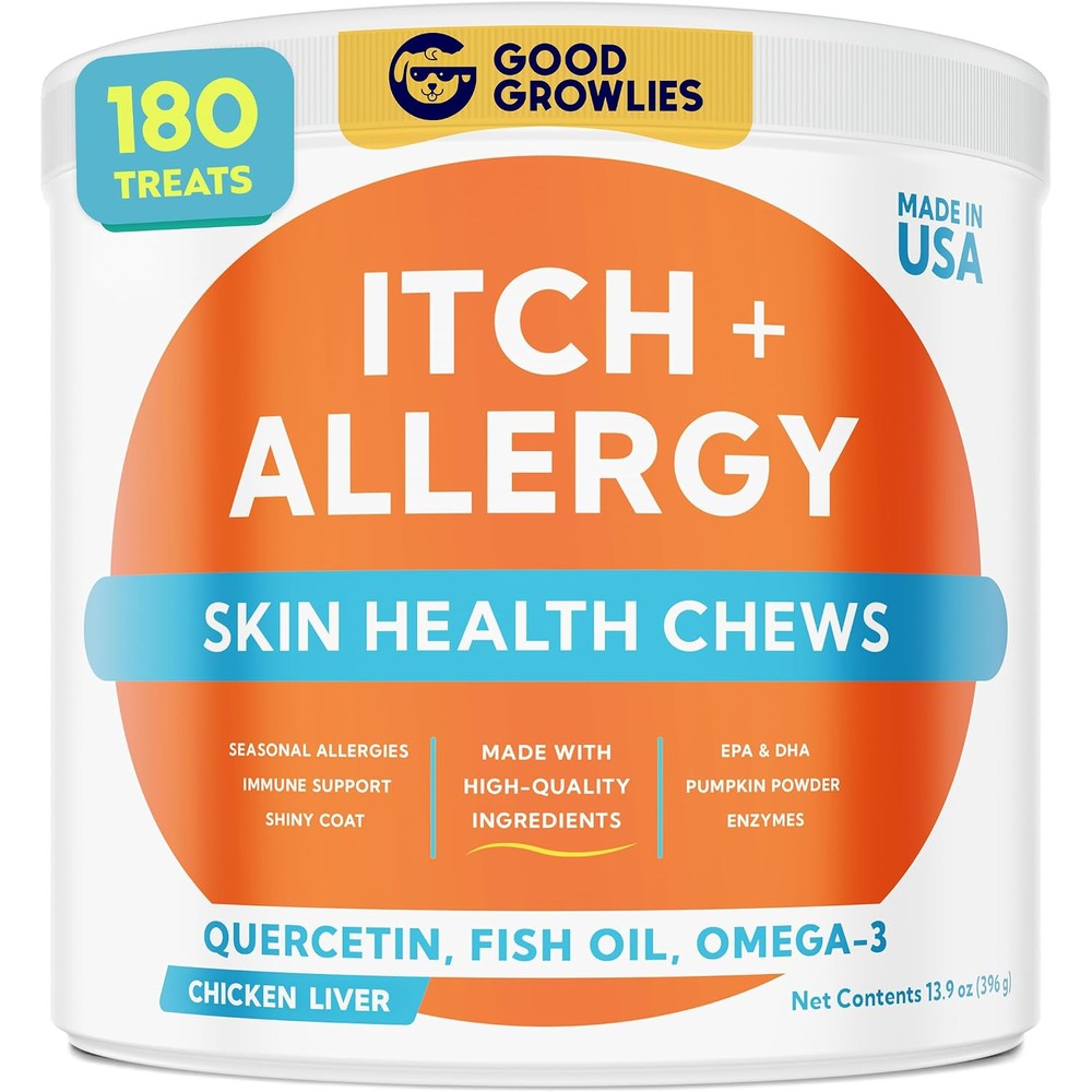 GoodGrowlies Dog Allergy Relief Chews Anti Itch Skin And Coat Supplement With Omega Three Fish Oil Chicken Flavor One Hundred Eighty Count