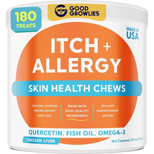 GoodGrowlies Dog Allergy Relief Chews Anti Itch Skin And Coat Supplement With Omega Three Fish Oil Chicken Flavor One Hundred Eighty Count