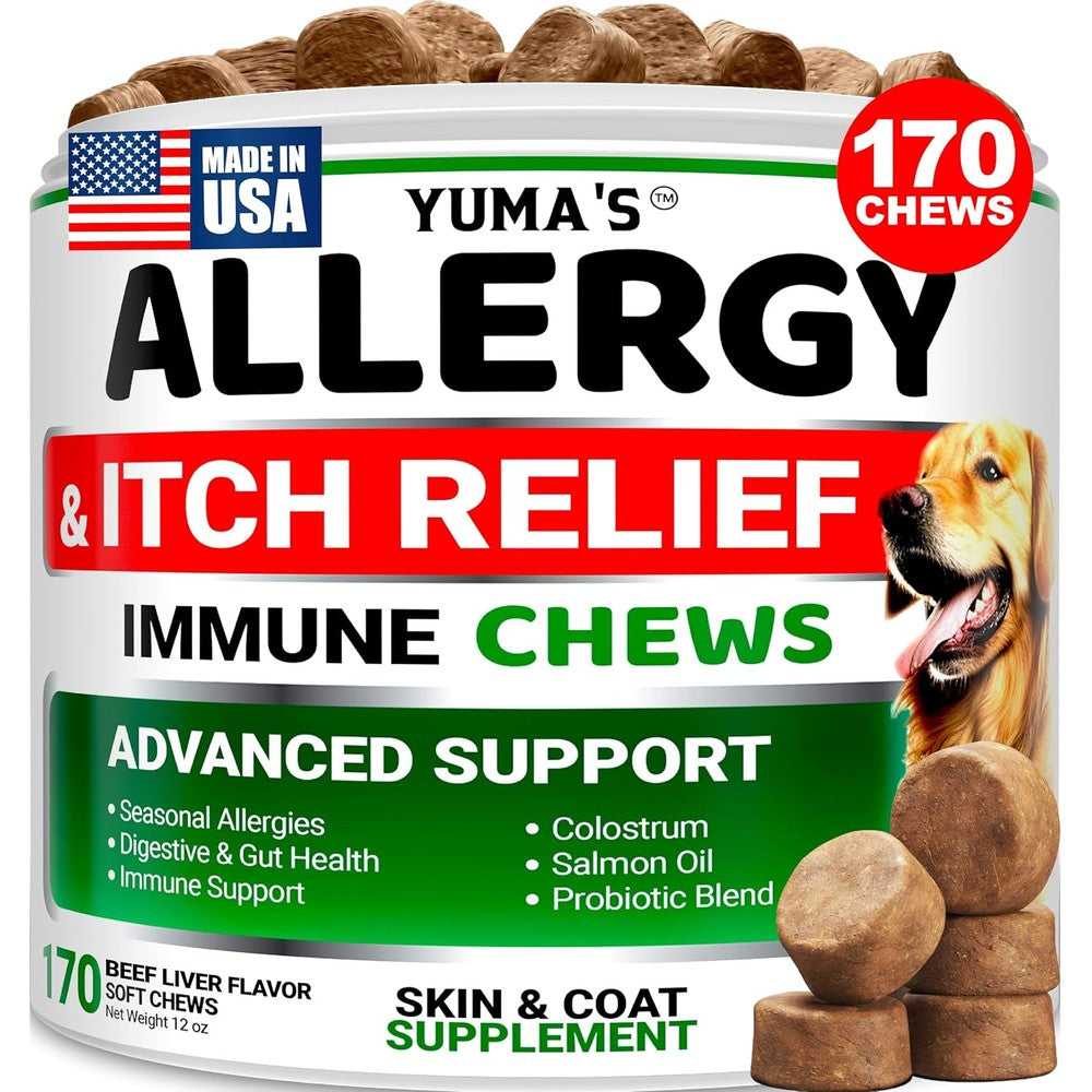 Yuma's Dog Allergy Relief Chews For Itching Skin Hot Spots And Paw Licking With Omega 3 Fish Oil Salmon Oil Beef Liver Flavor 170 Count Supplement