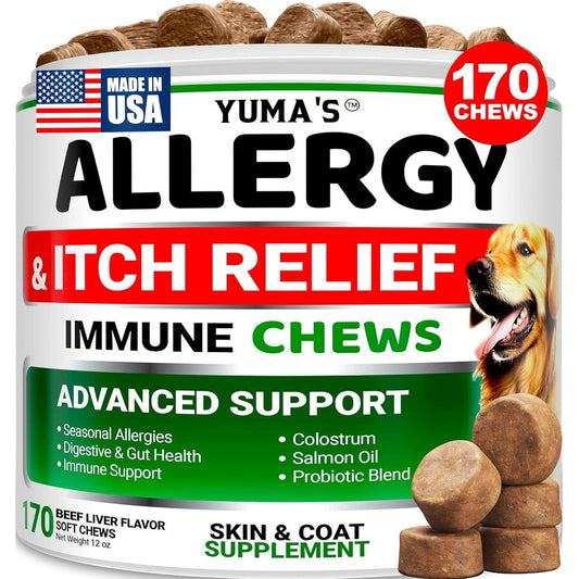 Yuma's Dog Allergy Relief Chews For Itching Skin Hot Spots And Paw Licking With Omega 3 Fish Oil Salmon Oil Beef Liver Flavor 170 Count Supplement