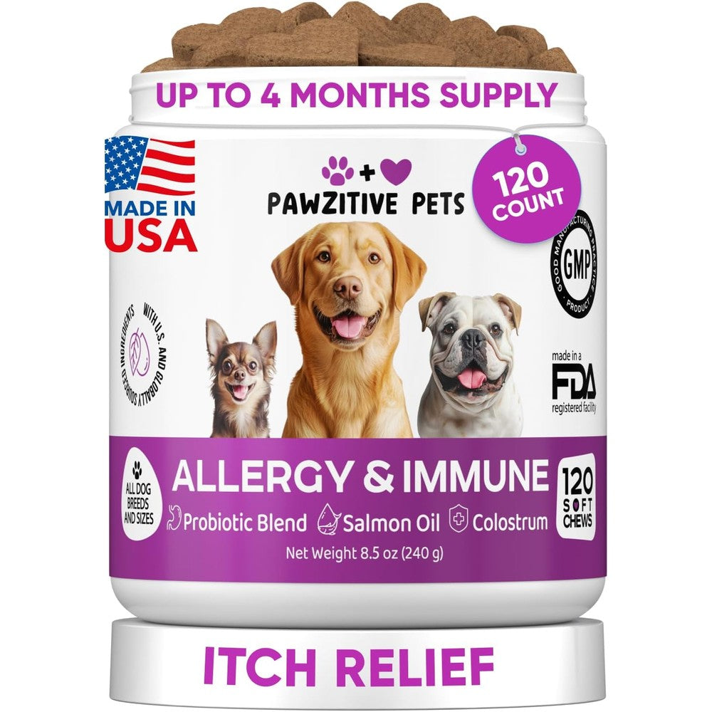 Pawzitive Pets Dog Allergy Relief Chews For Itchy Skin And Seasonal Food Allergies With Omega 3 Fish Oil And Probiotics 120 Soft Chews