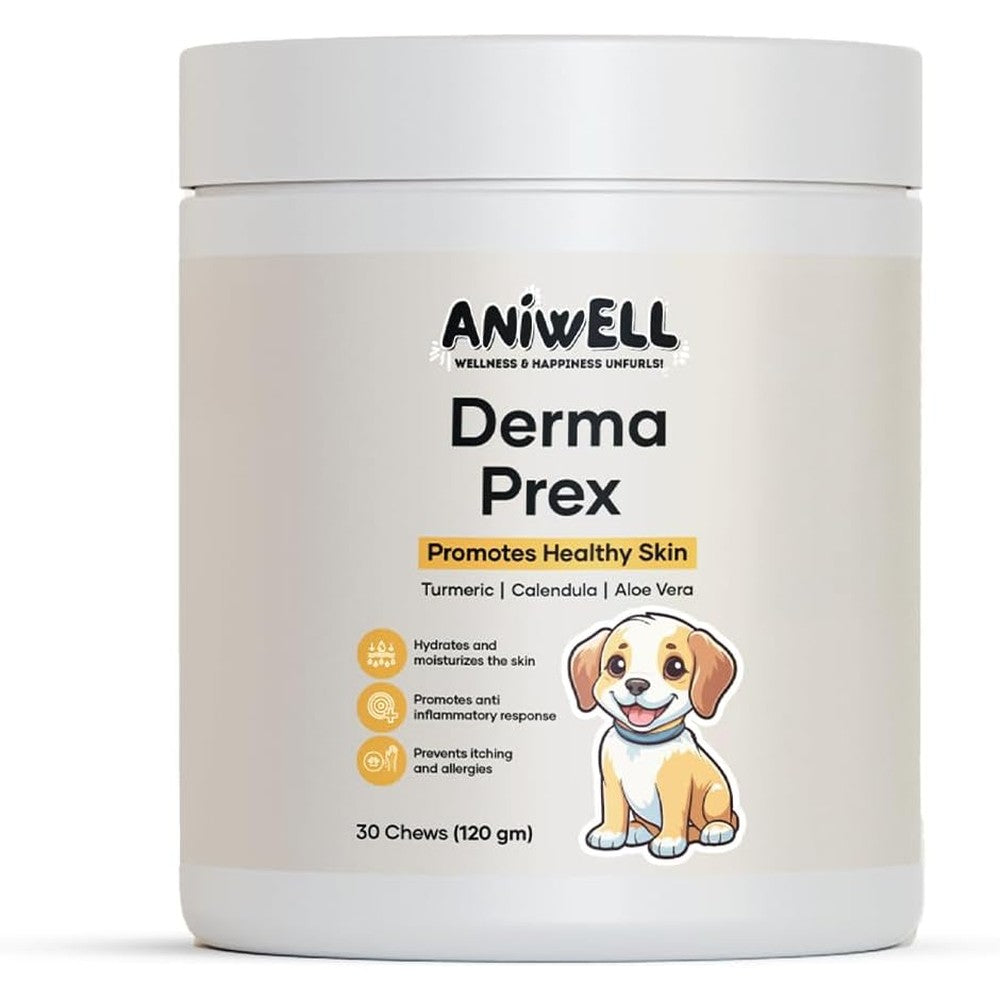 Aniwell DermaPrex Dog Allergy Chews Anti Itch Supplement With Borage Oil Omega Three And Vitamin Length Thirty Count 120 Grams