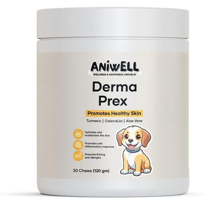 Aniwell DermaPrex Dog Allergy Chews Anti Itch Supplement With Borage Oil Omega Three And Vitamin Length Thirty Count 120 Grams