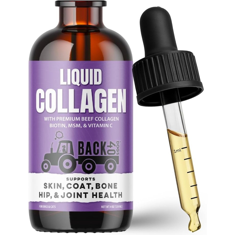 Back 40 Dogs Premium Grass-Fed Liquid Collagen Pet Supplement For Dog And Cat Skin Coat Hips And Joints Bacon Flavor Four Fluid Ounces