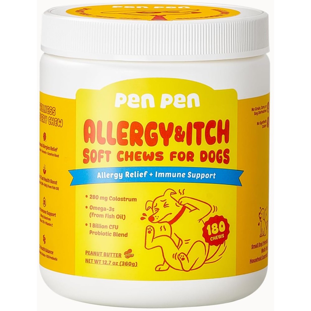 PENPEN Dog Allergy Chews Anti Itch And Itchy Skin Support For Dogs With Probiotics And Omega 3 Fish Oil Peanut Butter Flavor 180 Soft Chews