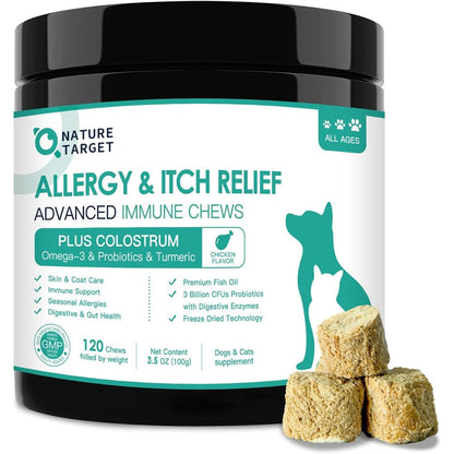 Nature Target Dog Allergy Relief Freeze Dried Chews Chicken Flavor Supplement With Probiotics Colostrum And Omega 3 For Immune Health 120 Count