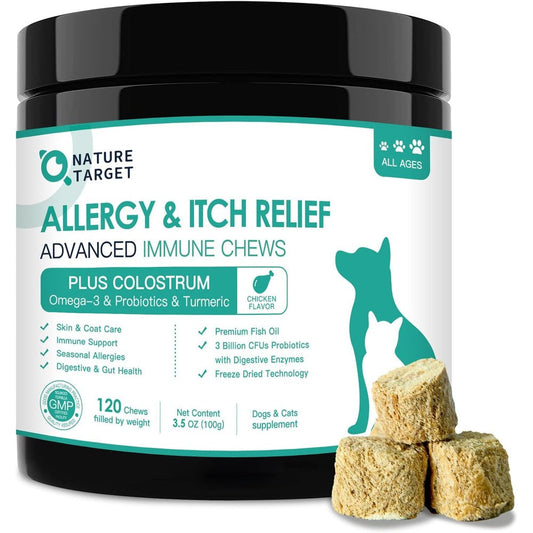 Nature Target Dog Allergy Relief Freeze Dried Chews Chicken Flavor Supplement With Probiotics Colostrum And Omega 3 For Immune Health 120 Count