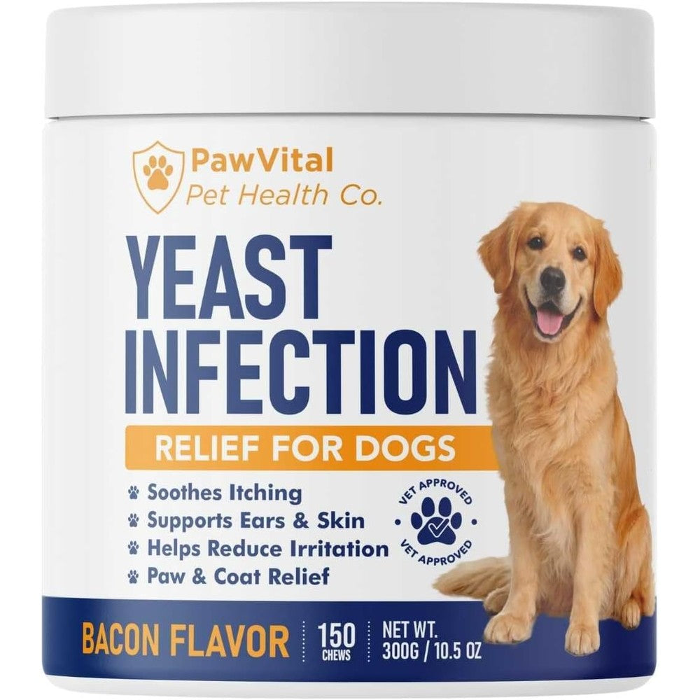 PawVital Natural Yeast Infection Treatment For Dogs Anti Yeast Support For Itchy Skin And Ears Probiotic Herbal Blend Bacon Flavored 150 Soft Chews