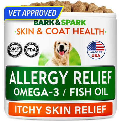 Bark&Spark Dog Allergy Relief Soft Chews For Skin Health And Seasonal Allergies Anti Itch Supplement With Omega Three BBQ Chicken Flavor 60 Count