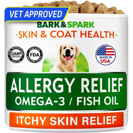 Bark&Spark Dog Allergy Relief Soft Chews For Skin Health And Seasonal Allergies Anti Itch Supplement With Omega Three BBQ Chicken Flavor 60 Count