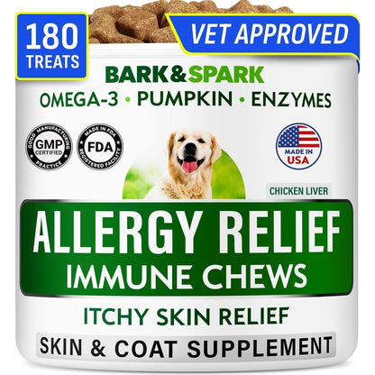 Bark And Spark Dog Allergy Relief Soft Chews Immune Treats For Skin Health And Seasonal Allergies Chicken Liver Flavor 180 Count