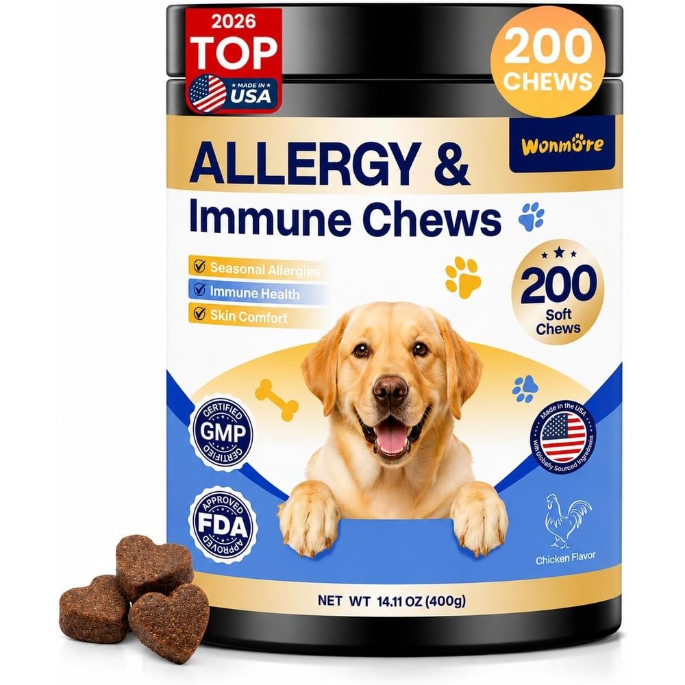 Wonmore Dog Allergy Chews With Probiotics And Colostrum For Itchy Skin And Paw Licking Relief Chicken Flavor Soft Chews 200 Count