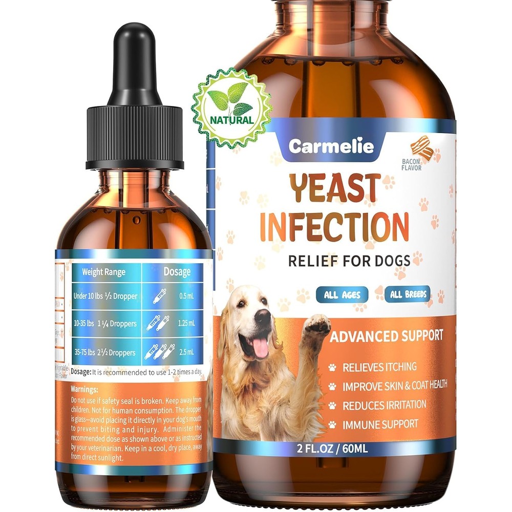 Carmelie Natural Yeast Relief For Dogs For Healthy Itch Relief And Ear Paw Discomfort Care Bacon Flavor Sixty Milliliters
