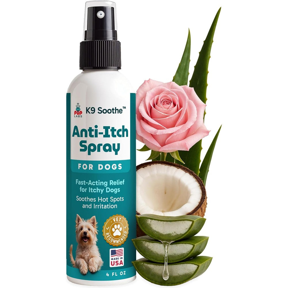 Pup Labs K9 Soothe Anti Itch Spray For Dogs With Aloe Rose And Coconut Natural Hot Spot Skin Irritation Relief Treatment Four Fluid Ounces