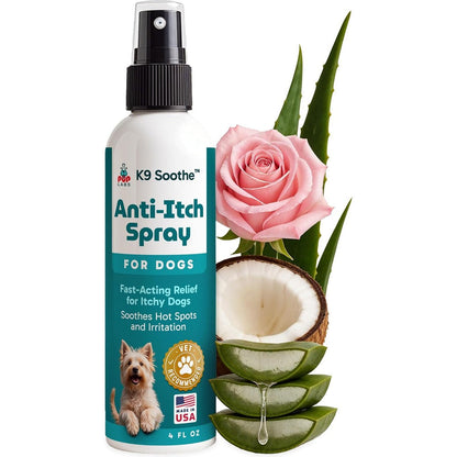 Pup Labs K9 Soothe Anti Itch Spray For Dogs With Aloe Rose And Coconut Natural Hot Spot Skin Irritation Relief Treatment Four Fluid Ounces