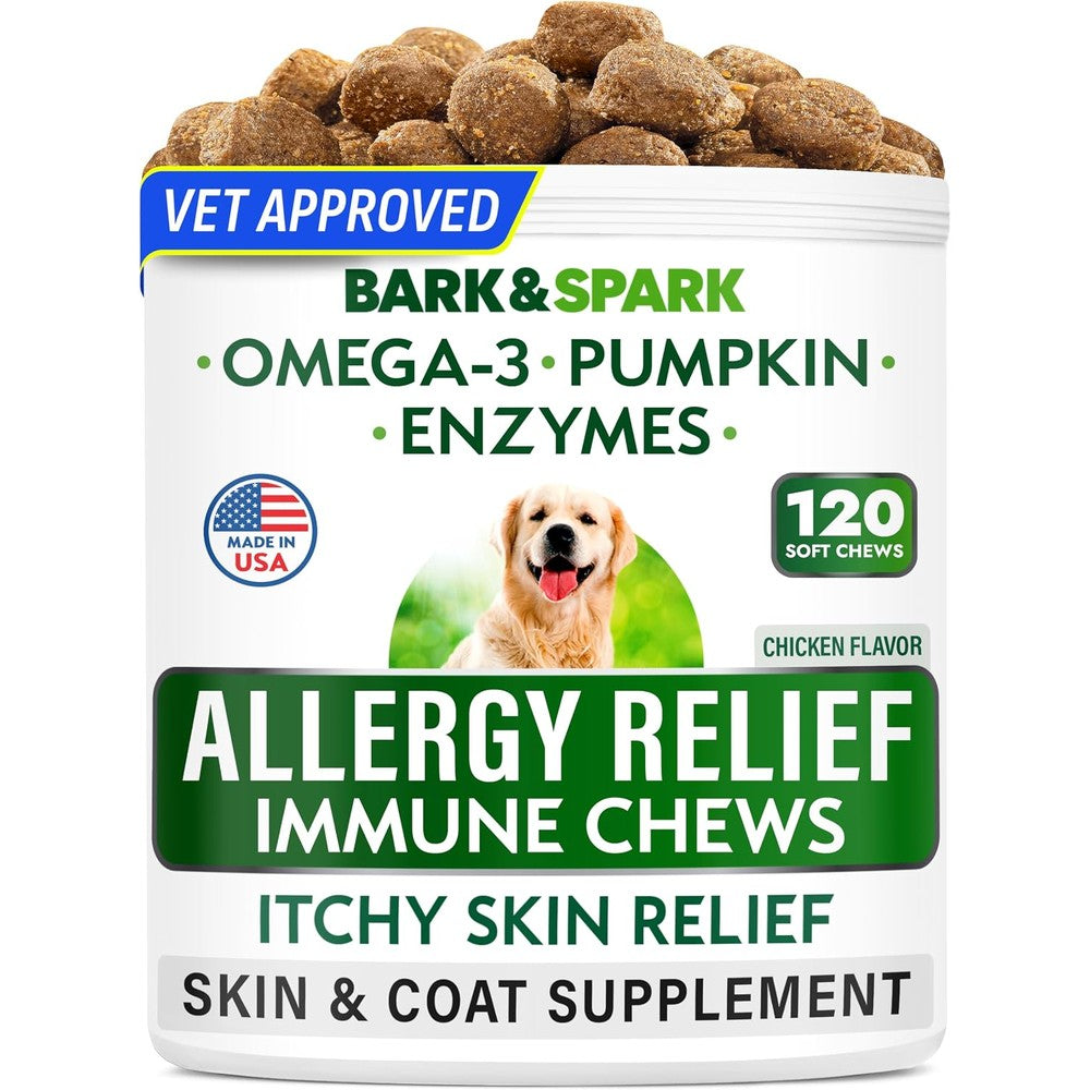 Bark&Spark Dog Allergy Relief Soft Chews For Skin Health And Seasonal Allergies Anti Itch Supplement With Omega Three Chicken Flavor 120 Count