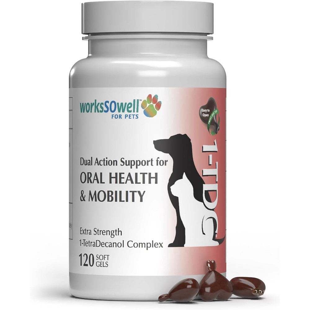 1-TDC WorksSoWell Dual Action Hip and Joint Supplement for Dogs and Cats Joint Mobility and Oral Periodontal Health 120 Twist Off Softgels