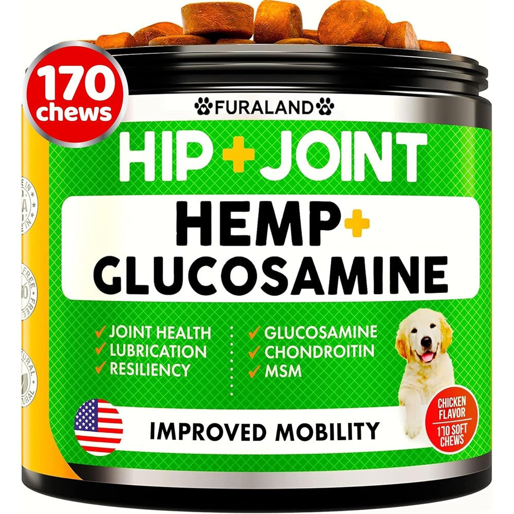 Furaland Hemp Hip And Joint Supplement For Dogs Glucosamine Chondroitin MSM Soft Chews Chicken Flavor 170 Count