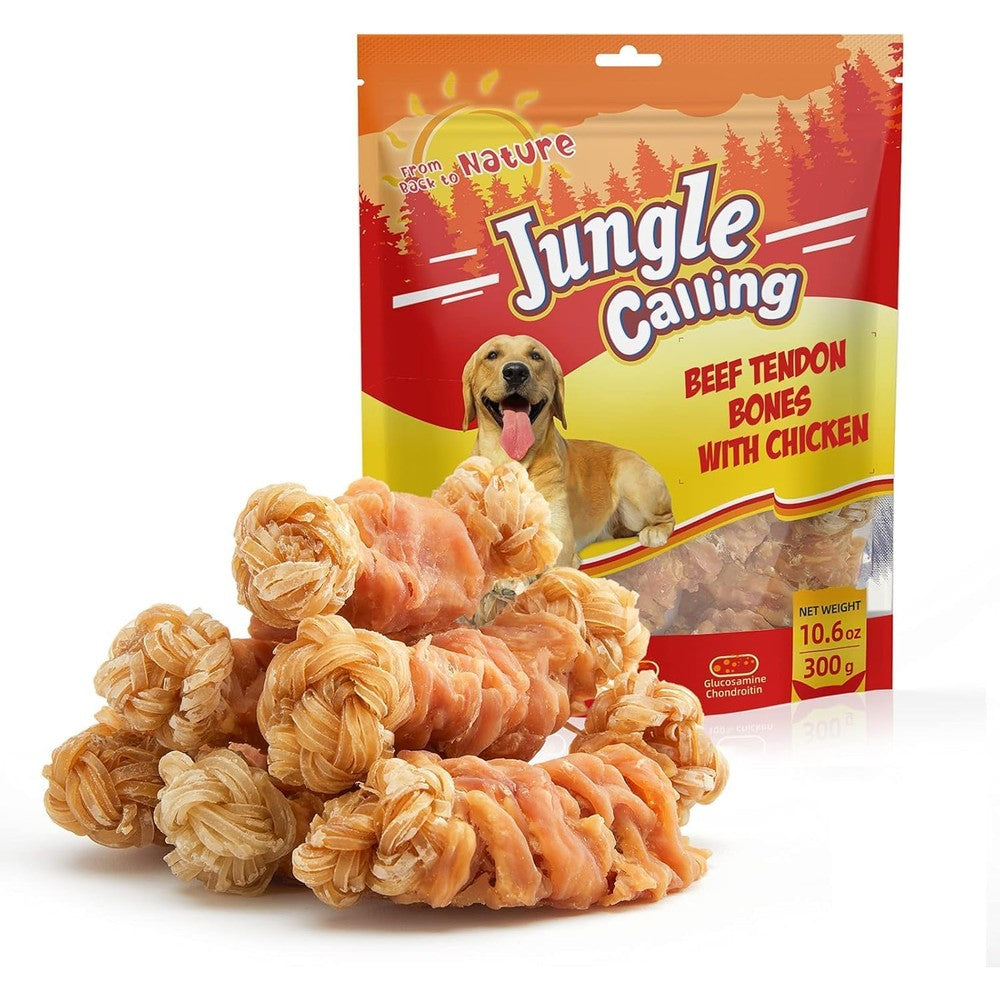 Jungle Calling Long Lasting Dog Chews for Medium and Large Dogs Chicken Wrapped Beef Tendon Braided Bones Rawhide Free Joint Support 10.6 Ounces