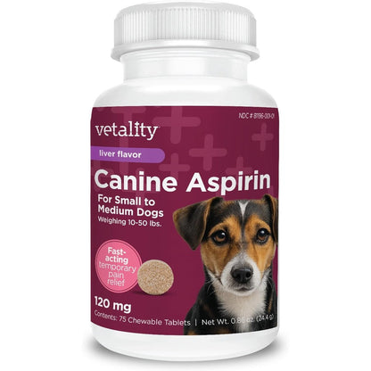 Vetality Canine Aspirin For Small To Medium Dogs Fast Pain Relief Liver Flavor One Hundred Twenty Milligrams Seventy Five Chewable Tablets