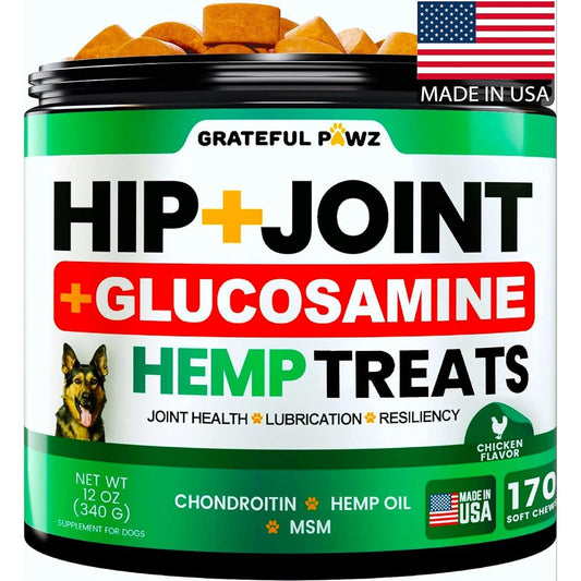 Furaland Grateful Pawz Hemp Hip And Joint Supplement For Dogs Glucosamine Chondroitin MSM Mobility Support Chicken Flavor 170 Soft Chews Twelve Ounce