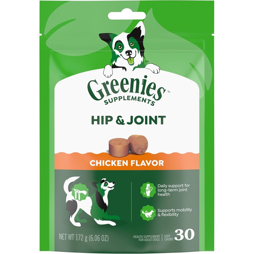Greenies Supplements Hip And Joint Dog Chews With Glucosamine And Chondroitin Chicken Flavor Six Point Zero Eight Ounce Pouch Thirty Count