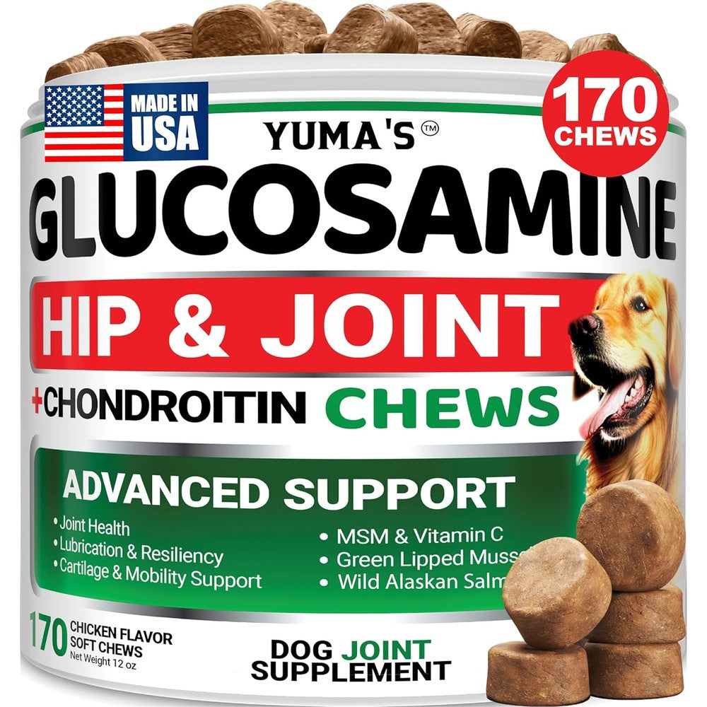 YUMA'S Glucosamine For Dogs Hip And Joint Supplement Advanced Health Mobility Support Soft Chews Chicken Flavor 170 Count