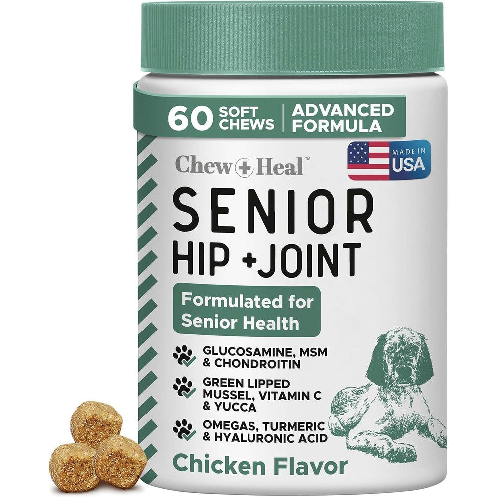 Chew Plus Heal Labs Glucosamine Supplement For Senior Dog Hip And Joint Mobility 60 Soft Chews USA Formula