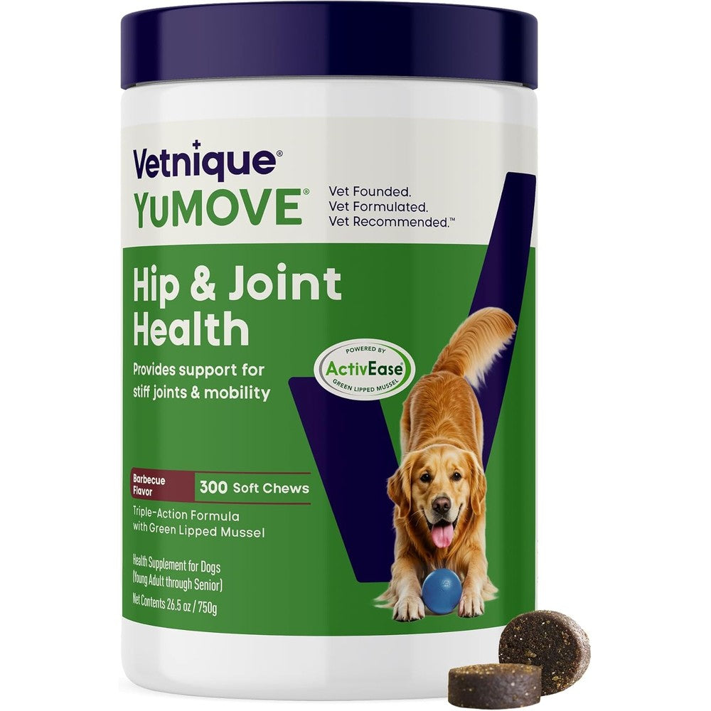 YuMOVE Adult Dog Hip And Joint Soft Chews With ActivEase Green Lipped Mussel And Glucosamine For Dogs Barbecue Flavor 300 Count