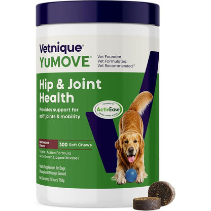 YuMOVE Adult Dog Hip And Joint Soft Chews With ActivEase Green Lipped Mussel And Glucosamine For Dogs Barbecue Flavor 300 Count