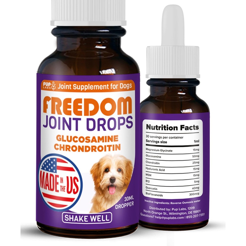 Pup Labs Freedom Joint Drops For Dogs With Hyaluronic Acid MSM Glucosamine And Chondroitin Liquid Hip And Joint Support Supplement 30 Milliliter