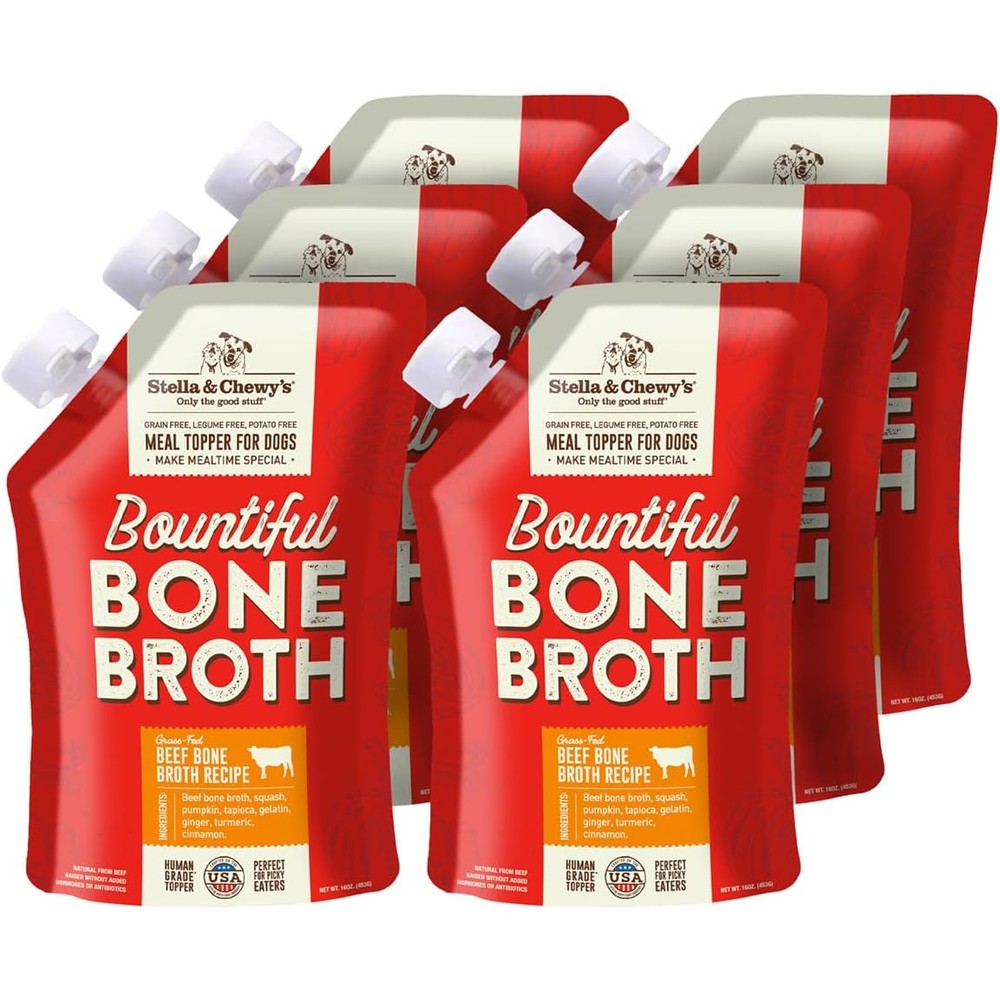 Stella & Chewy's Grass-Fed Beef Bone Broth For Dogs Joint And Gut Health Topper With Collagen And Turmeric Sixteen Fluid Ounce Pouches Pack Of Six