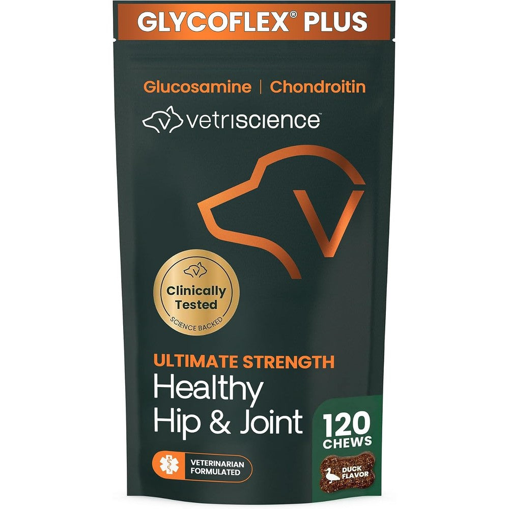 VetriScience Ultimate Strength Healthy Hip And Joint Chews GlycoFlex Glucosamine Chondroitin Dog Supplement Duck Flavor 120 Count