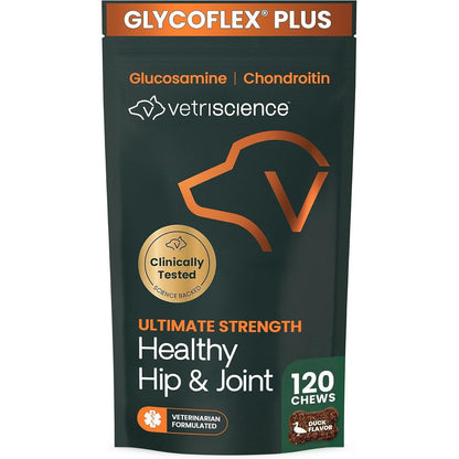 VetriScience Ultimate Strength Healthy Hip And Joint Chews GlycoFlex Glucosamine Chondroitin Dog Supplement Duck Flavor 120 Count