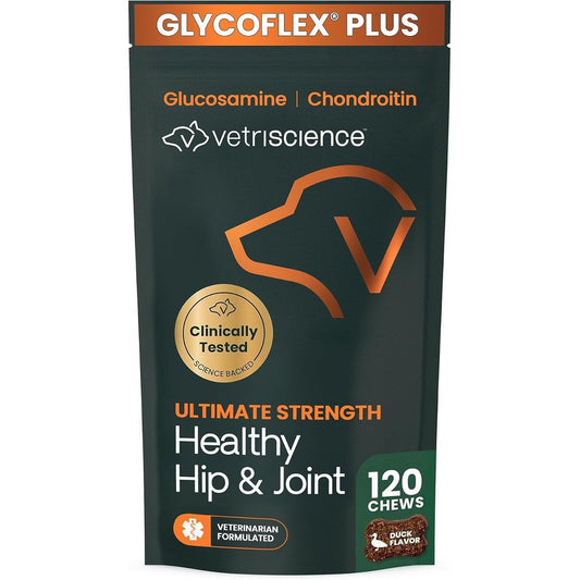 VetriScience Ultimate Strength Healthy Hip And Joint Chews GlycoFlex Glucosamine Chondroitin Dog Supplement Duck Flavor 120 Count