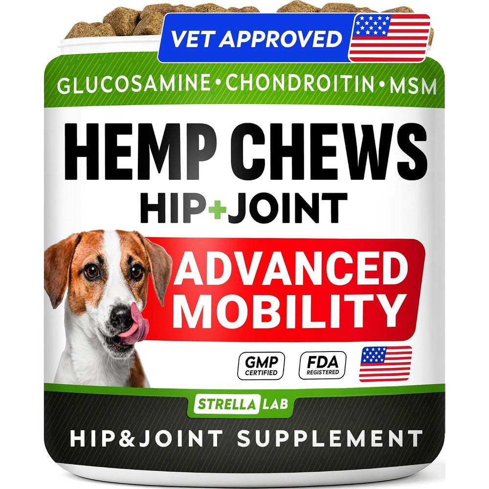 StrellaLab Hemp Chews For Dogs Hip And Joint Supplement With Glucosamine Chondroitin MSM Omega Three Chicken Flavor 120 Count