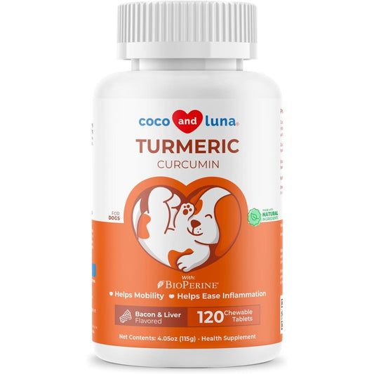 Coco And Luna Turmeric Curcumin Anti Inflammatory Dog Supplement With Collagen And BioPerine Bacon And Liver Flavor 120 Chewable Tablets