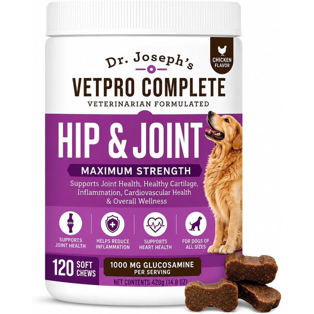 VetPro Complete Dr Josephs Dog Hip And Joint Wellness Supplement High Strength Glucosamine Chondroitin MSM Soft Chews Chicken Flavor 120 Count