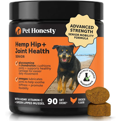 Pet Honesty Senior Hemp Hip And Joint Supplement For Dogs Glucosamine Chondroitin MSM And Green Lipped Mussel Chicken Flavor 90 Count