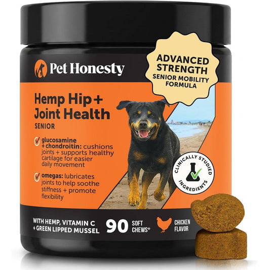 Pet Honesty Senior Hemp Hip And Joint Supplement For Dogs Glucosamine Chondroitin MSM And Green Lipped Mussel Chicken Flavor 90 Count