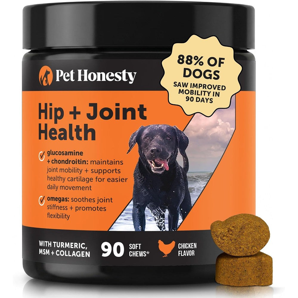 Pet Honesty Hip And Joint Supplement For Dogs With Glucosamine Chondroitin MSM Turmeric Collagen Soft Chews Chicken Flavor 90 Count